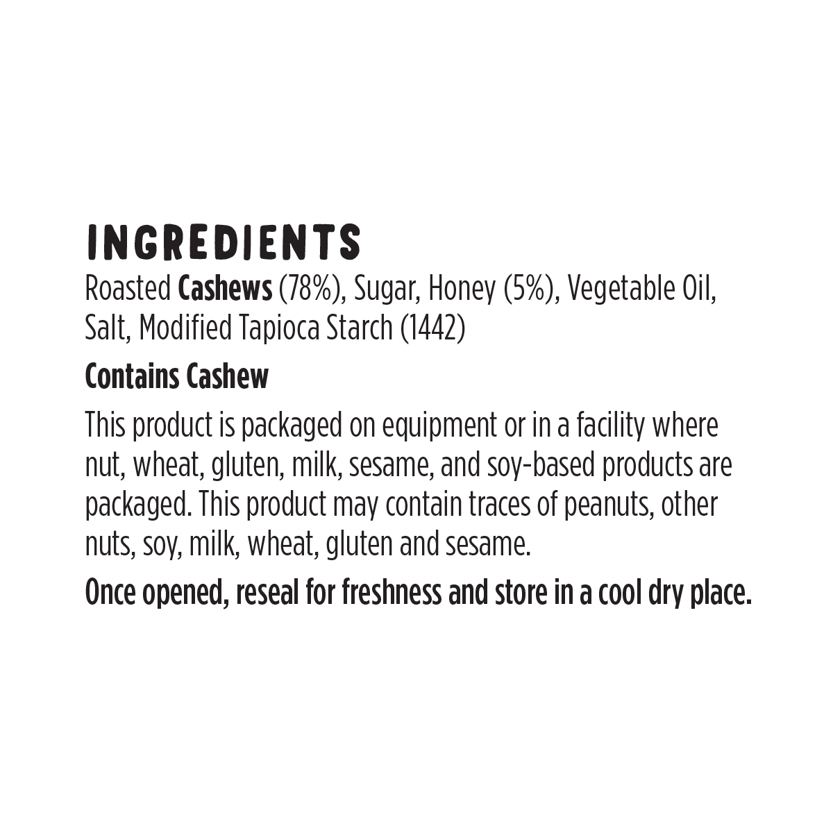 Product honeyr&scashews ingredients