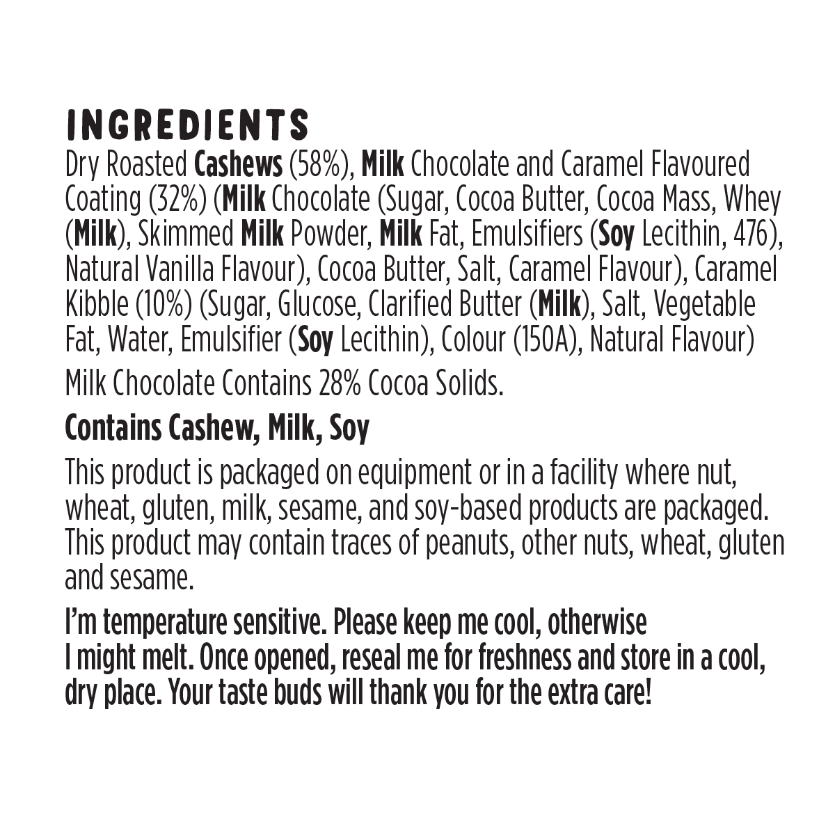 Product skinnymilkcaramelcashews ingredients